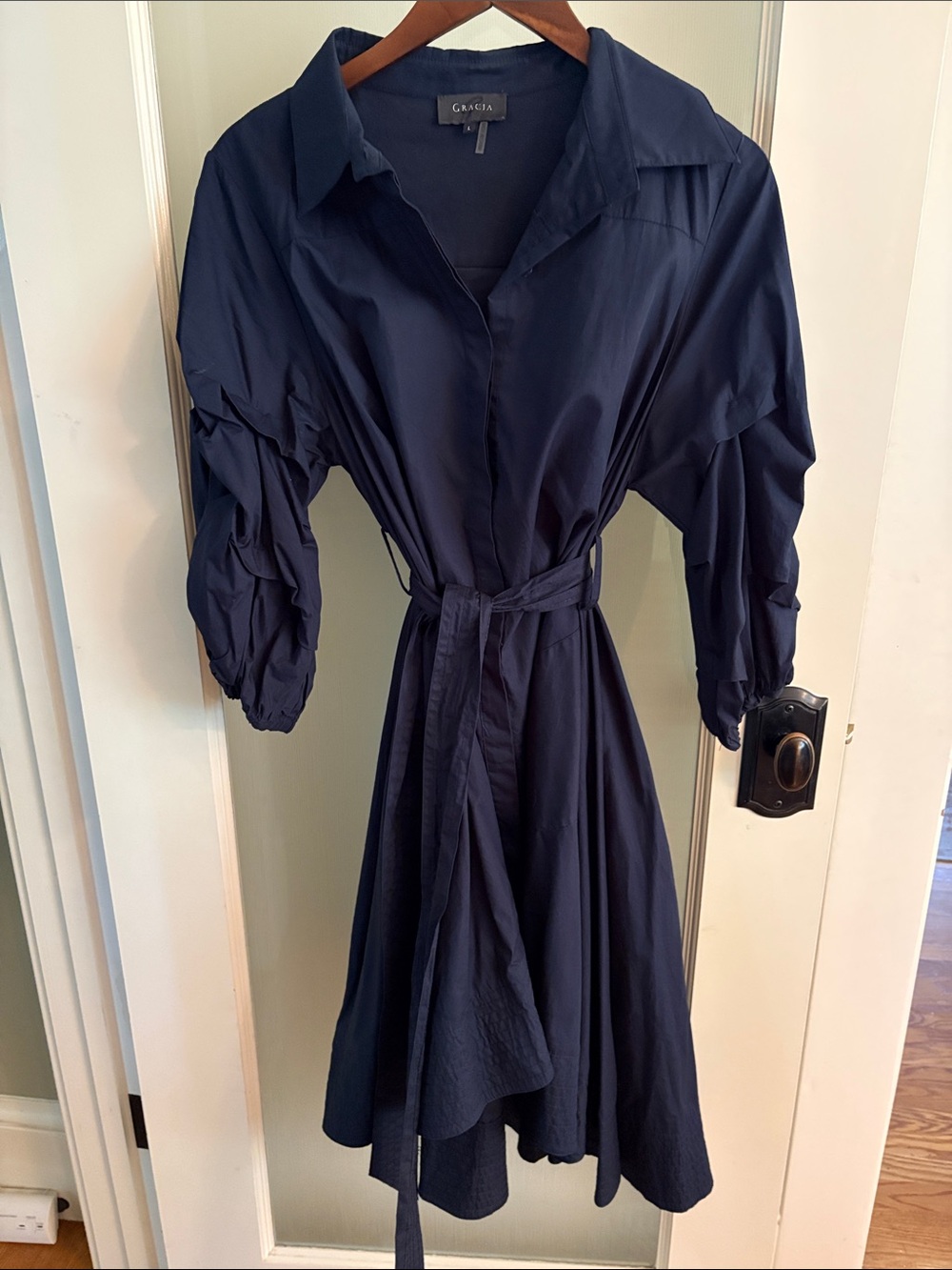 Gracia Dark Navy Ruched-Sleeve Midi Shirt Dress with Tie Waist